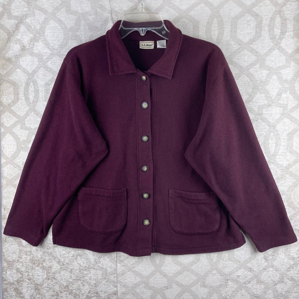 L.L. Bean Button Front Fleece Jacket Women M Burgundy Pocketed Midweight